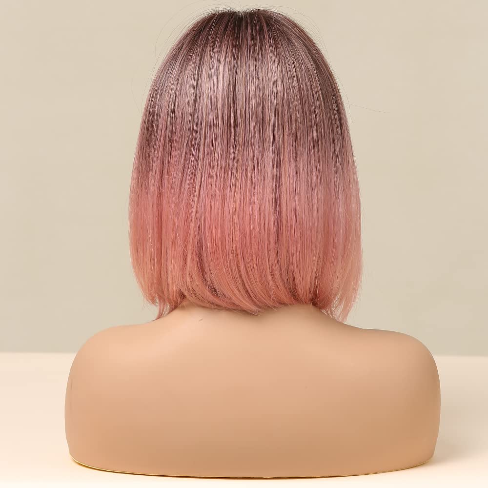 incohair Ombre Pink Bob Wig,Short Straight Silky Pink Wig with Bangs 12" Short Pink Wig Dark Roots Synthetic Wig Natural Looking for Daily(12inch,Ombre Pink)