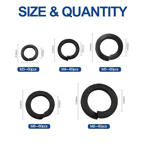 Miniatura 2 de NINDEJIN Juego surtido de 300 arandelas de bloqueo de resorte, M3 M4 M5 M6 M8 de acero al carbono chapado en zinc negro, arandelas divididas