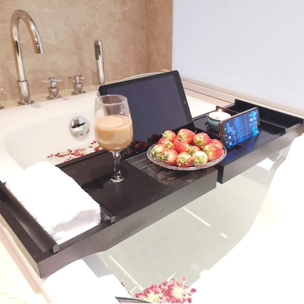 Regulowana wysuwana bambusowa taca do wanny - wodoodporny pojemnik łazienkowy do czytania, telefonów i tabletów, pasuje do wanien 75-109 cm, idealny dodatek do spa dla relaksu