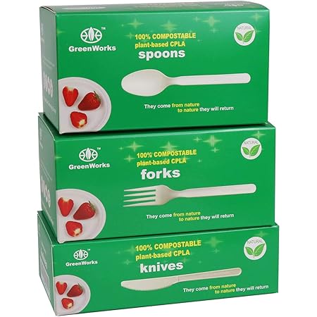 Amazon Com Greenworks 300 Count 7 Biodegradable Compostable Cpla Cutlery Set 100 Forks 100 Spoons 100 Knives Large Heavyweight Disposable Bio Based Plastic Cutlery Health Household
