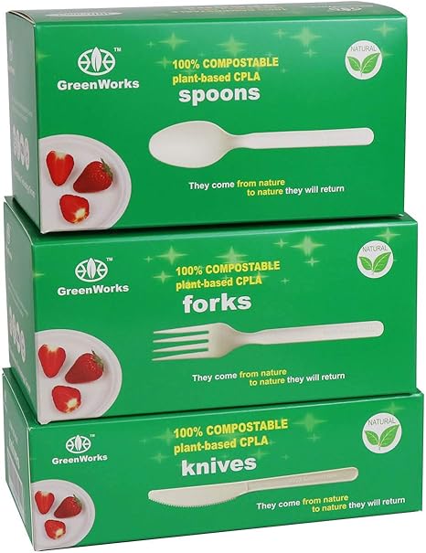 Amazon Com Greenworks 300 Count 7 Biodegradable Compostable Cpla Cutlery Set 100 Forks 100 Spoons 100 Knives Large Heavyweight Disposable Bio Based Plastic Cutlery Health Household