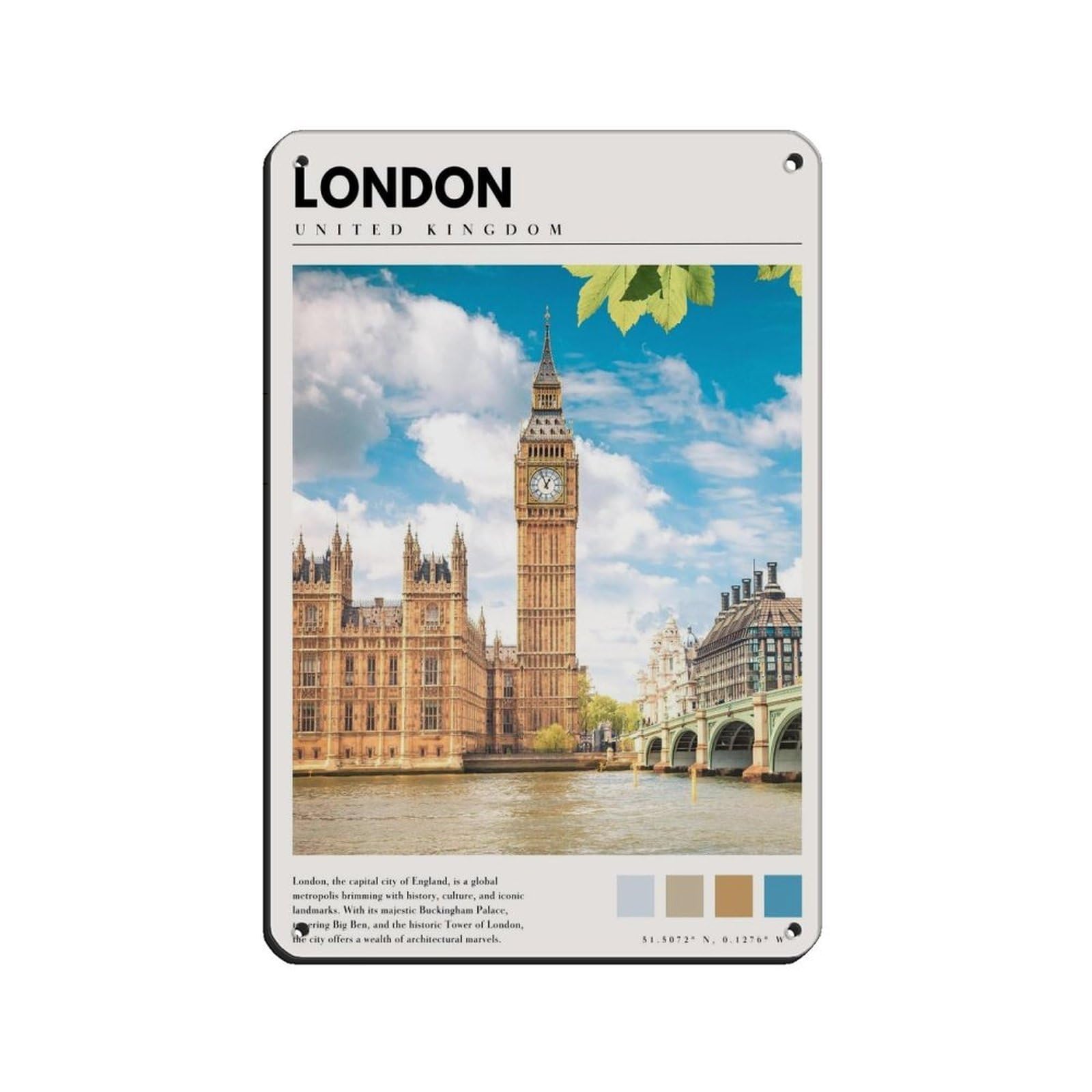 London UK Art Big Ben London Poster Tin Sign Vintage Metal Pub Club Cafe Bar Home Wall Art Decoration Poster Retro 8x12inch(20x30cm)