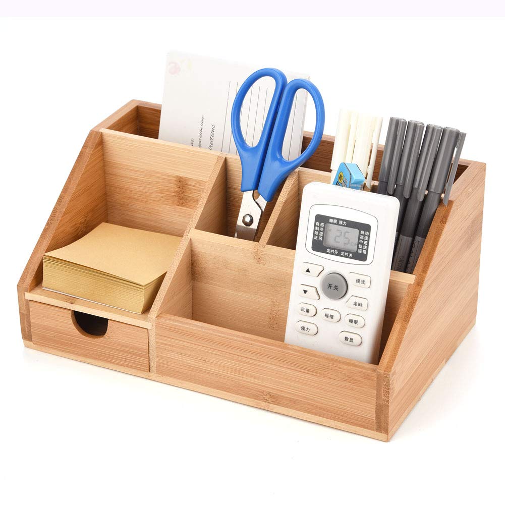 Multifunctional Bamboo Organizer | Desk Caddy | Home Office Accessory Tray | School Art Supply Holder | Pen Pencil Brush Compartment | Kitchen Bathroom Countertop Storage