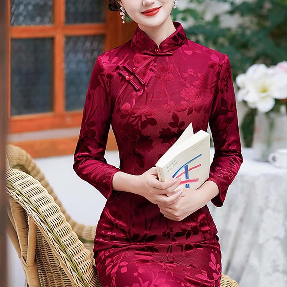 Women's Velour Midi Cheongsam 3/4-length Sleeve Mandarin Collar High Split Slim Fit Tradtional Chinese Qipao Costume