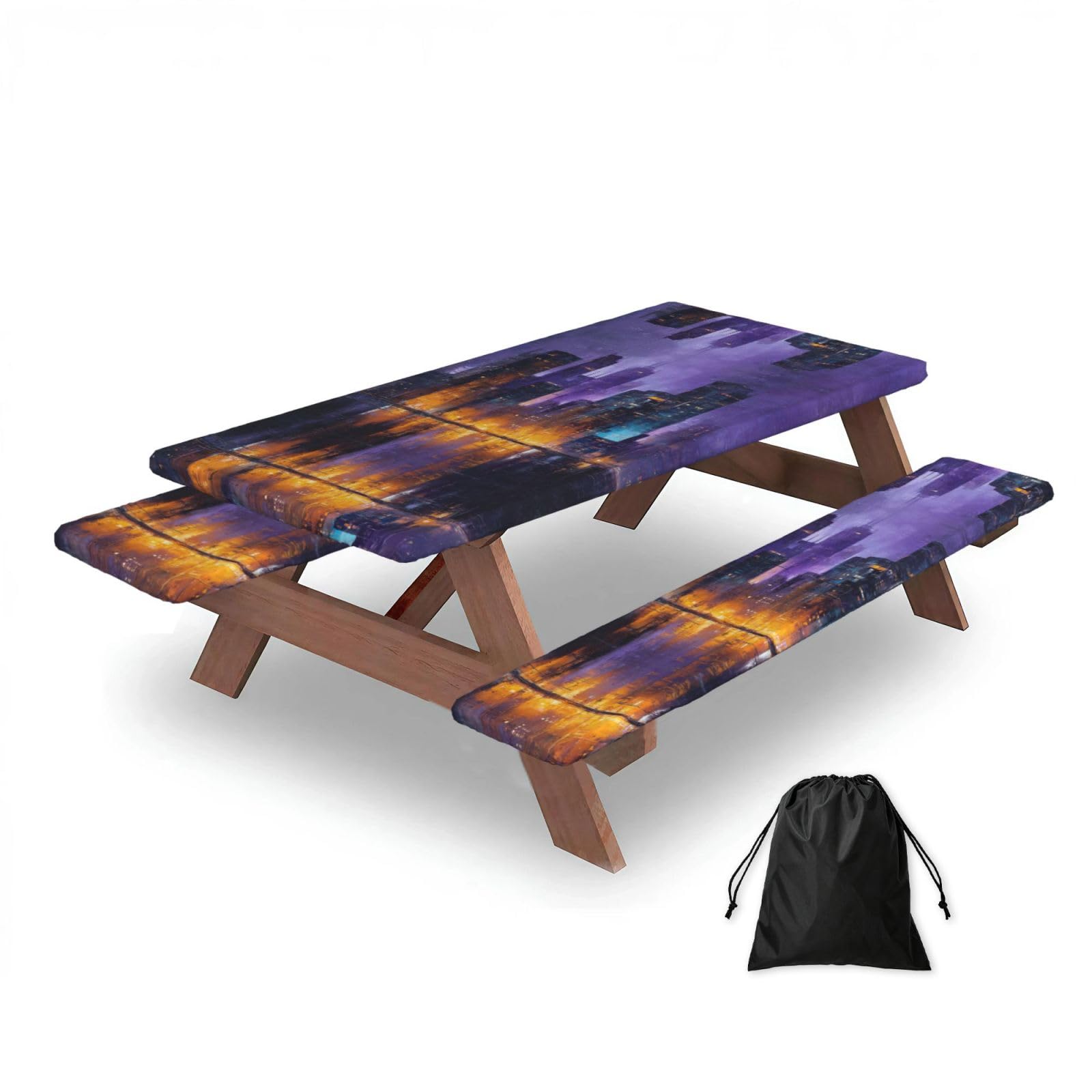 ESNAIUVCD Cityscape Print Picnic Table Cover With Bench Covers,Camping Essentials,Fitted Tablecloth Cover With Elastic Edge, For Indoor & Outdoor 3 Pcs
