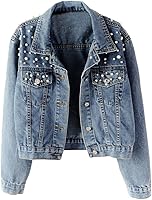 LifeShe Women's Embroidered Pearl Denim Jean Jacket Coat - Cropped Boyfriend Style, White Pearls for Weddings & Casual Wear