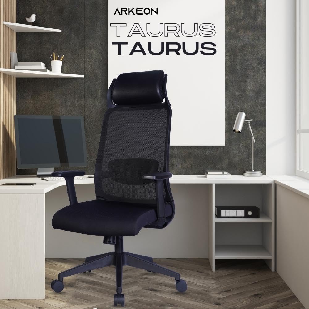 ARKEON Taurus – Office Chairs for Work from Home | Ergonomic High Back Chair, Adjustable Height, Multi Locking Mechanism, 2D Adjustable Handle with Adjustable Lumbar Support (Black/Grey)