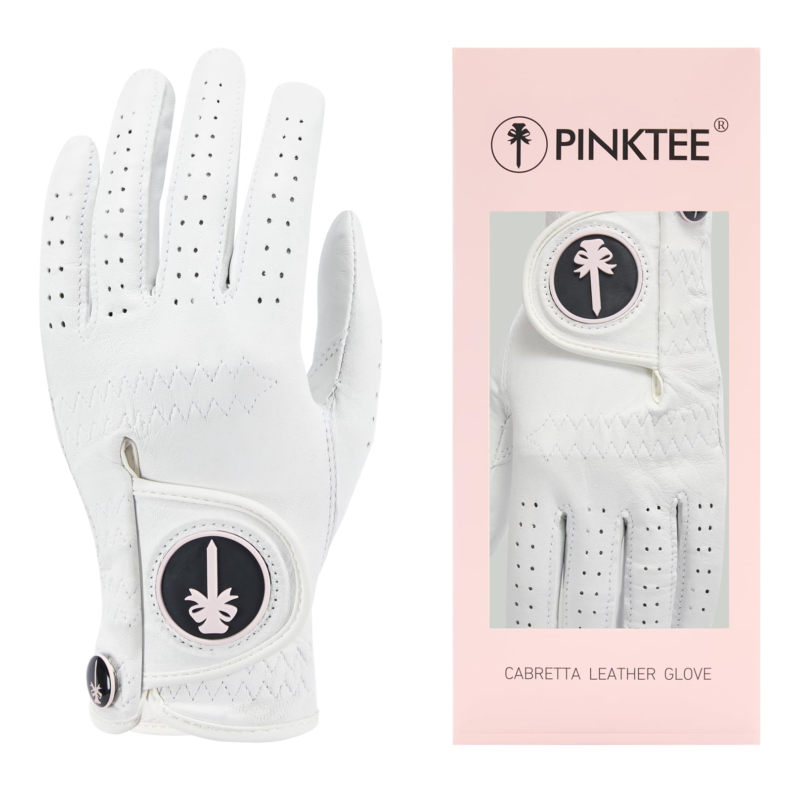 Pinktee Golfhandschuh für Damen, linke Hand, hochwertiges Cabretta-Leder mit rosa Marker, Allwetter-Golfhandschuhe für Damen, Größe S, M, L
