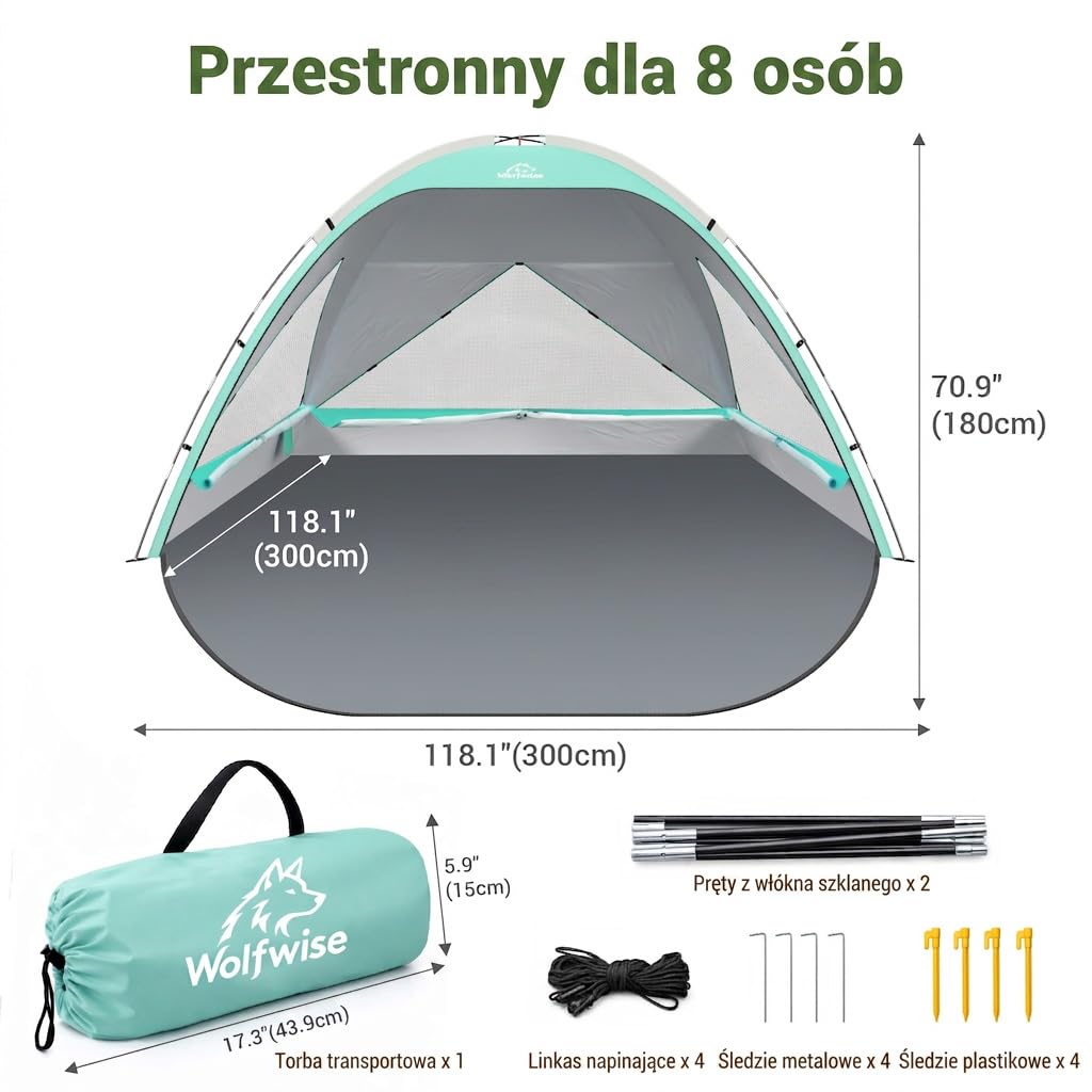 Wolfwise Namiot Plażowy UPF 50+ dla Rodziny, Osłona Przeciwsłoneczna z Filtrem UV, 3 Wentylowane Okna, Rozkładana Podłoga i Torba Transportowa, Pojemność 8 Osoby, Miętowy