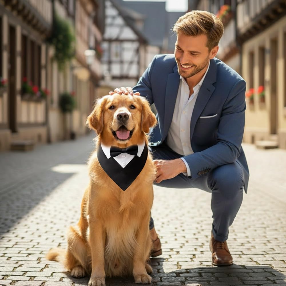 Bandana per Cani 36-60 cm Collare Smoking Cane Regolabile con Foulard e Papillon Cravatta Sciarpa Formale Nero