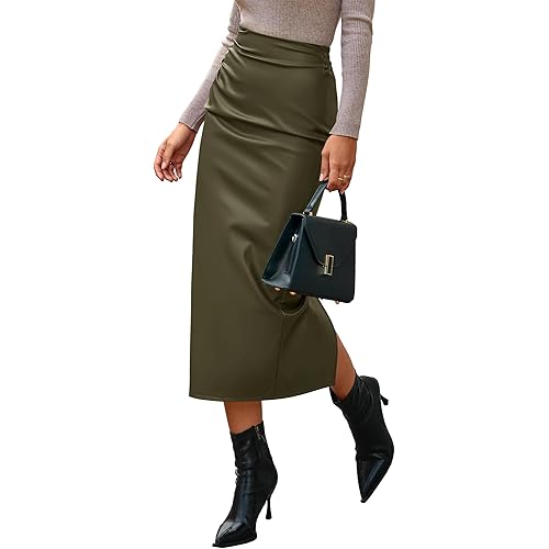 BTFBM Skirts for Women Trendy Fall 2025 Elastic Waist Ruched Bodycon Slit Pencil Midi Leather Skirt Bussiness Casual