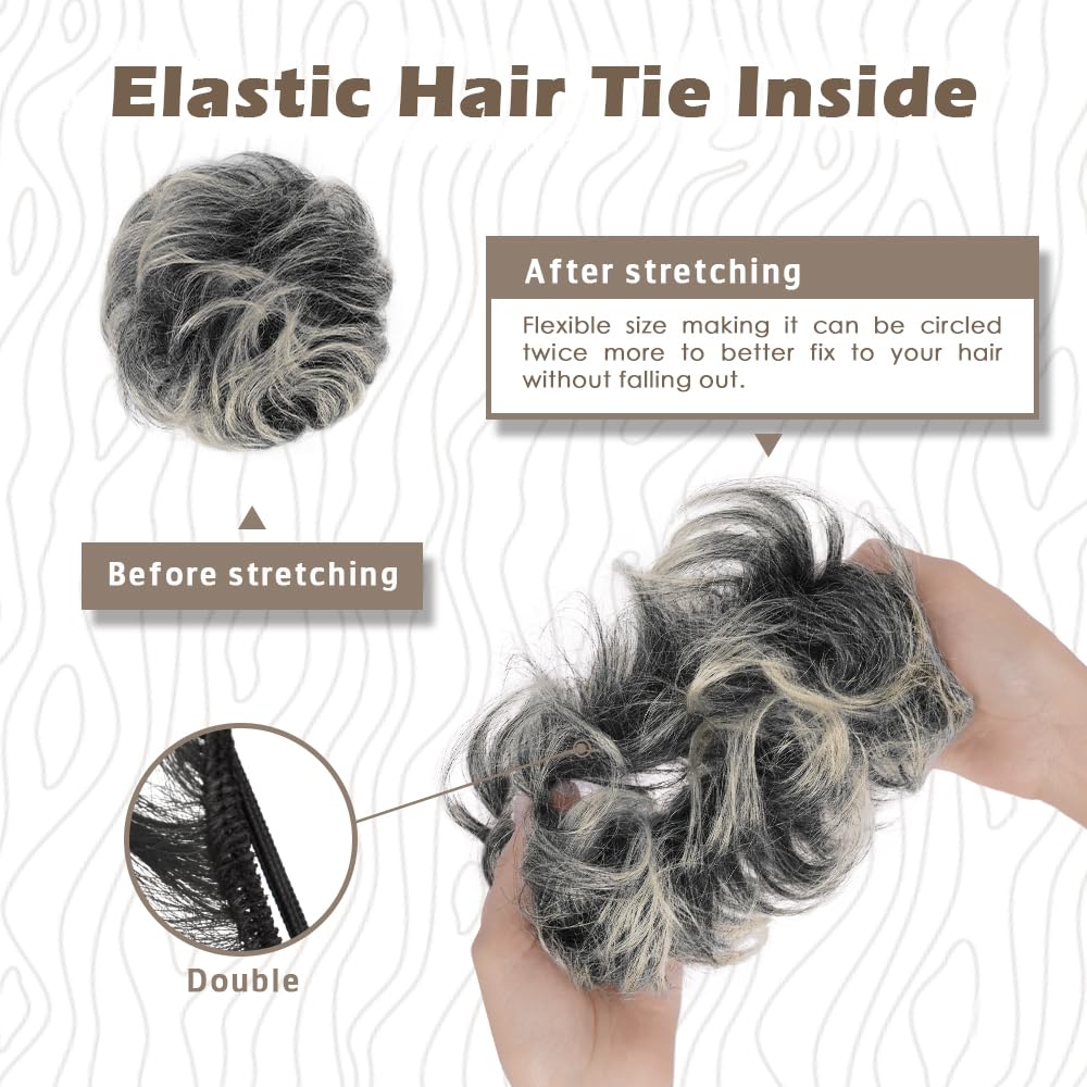 BARSDAR Humanos Moños Postizos, Natural Humano Moño Postizo de Pelo Extensiones para Mujer Gris Postizos Pelo Bun Extensiones de Cabello Desordenado Updo Postiza - Gris Mixto