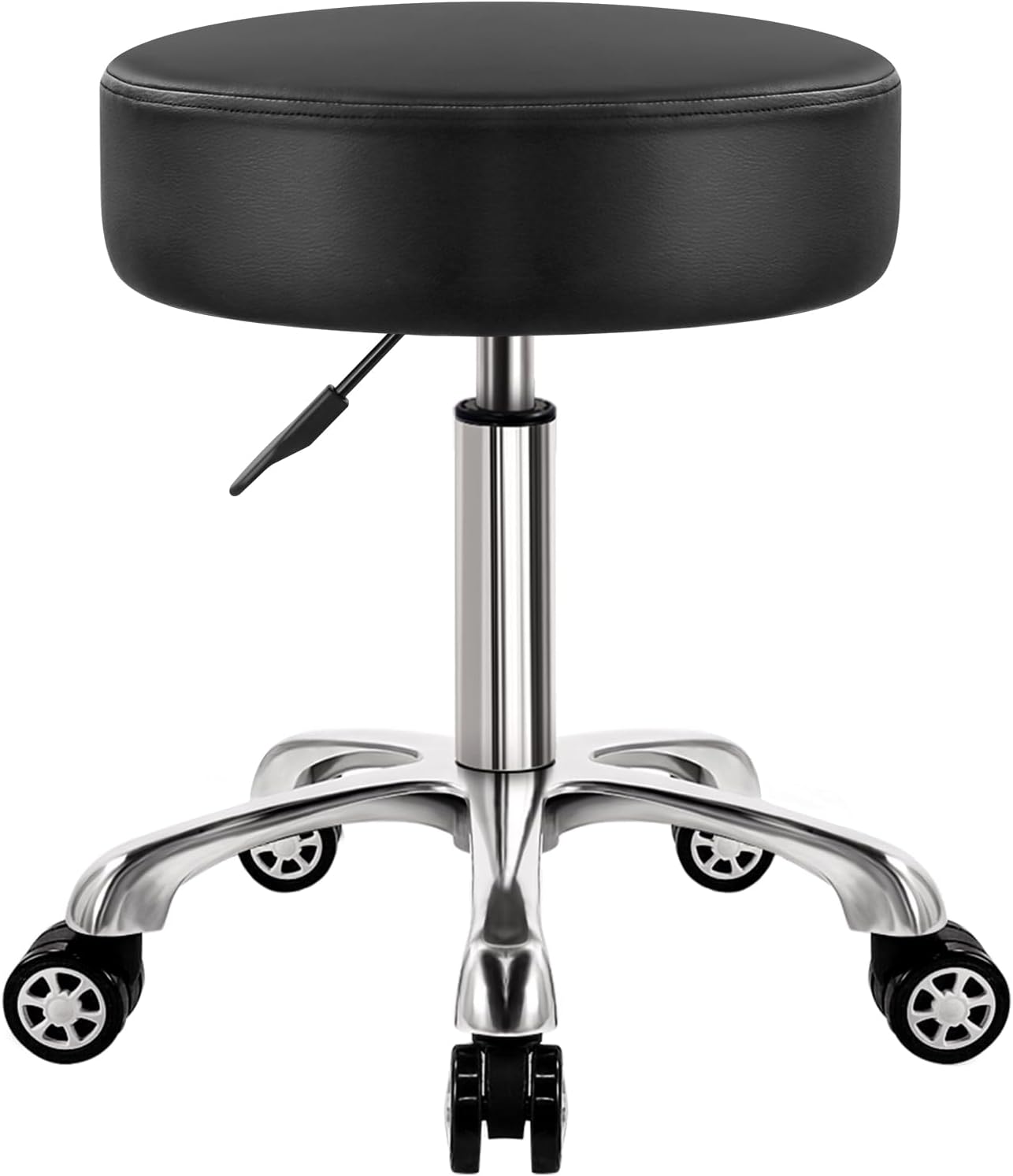Heavy Duty Rolling Stool with Wheels 360 Swivel Adjustable Rolling Stool Hydraulic Lift Thick Leather Seat Ergonomic Stool Chair for Kitchen Drafting Lab Office Salon Message Stool Black
