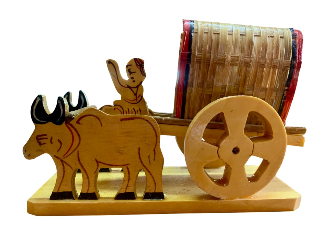 Awesome Assam Handicraft Collection- Self-Standing Solid Wood & Bamboo Decor Showpiece- Bullock Cart, 14cm W x 10cm H x 5cm D-image-26