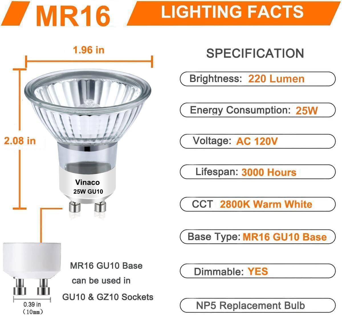 Vinaco Halogen GU10+C 120V 25W Long Lasting, Candle Warmer lamp Bulb 25 watt Warm White 2800K, Dimmable 25watt MR16 with Glass Cover for Track Lighting, Range Hood, Pack of 6