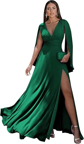 Kissey Prom Vestido de dama de honor de manga larga con cuello en V vestido formal de gasa fruncido con abertura