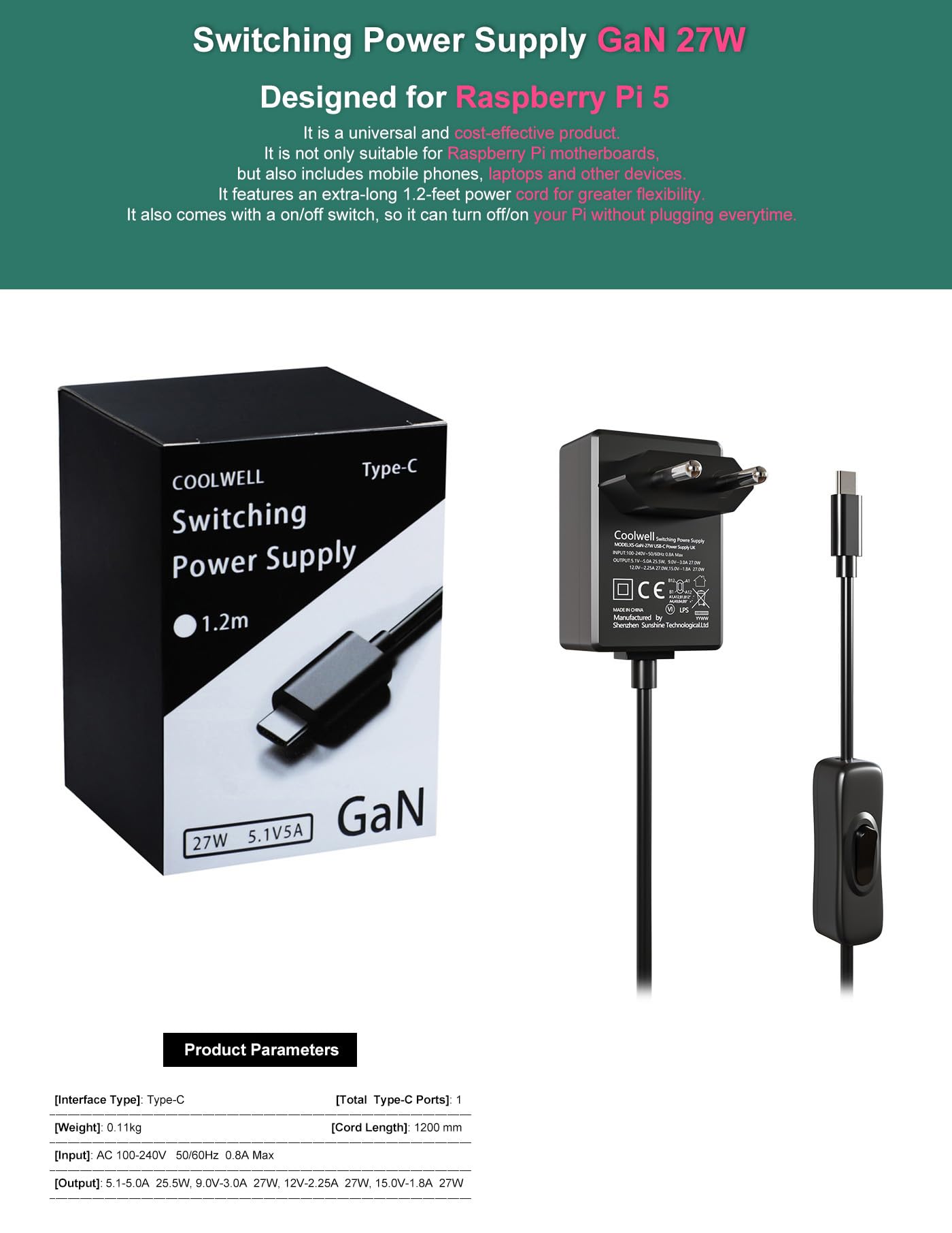 Geekworm USB-C voeding GaN 27W 5.1V 5A voor Raspberry Pi 5 16GB 8GB 4GB 2GB