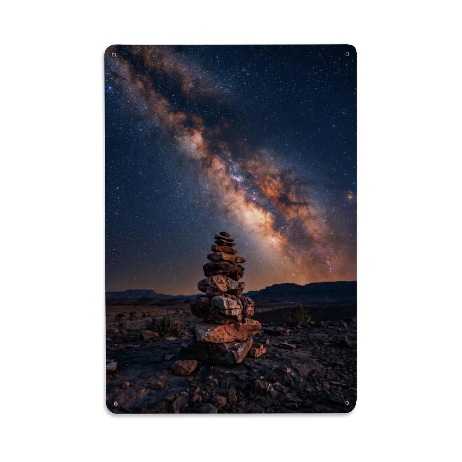 Zen Starry Desert Cairn Serenity Meditation Calm Balance Metal Tin Sign Plaque Wall Decor for Cafe, Man Cave, Club Bar, Office, Home Garden Round Metal Poster 8x12Inch
