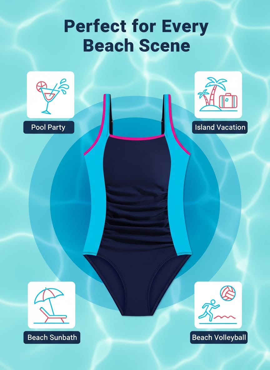 Girls One Piece Swimsuit with Adjustable Straps, Padded, Sun Protection & Quick Dry Bathing Suit 9-18Y - Image 9