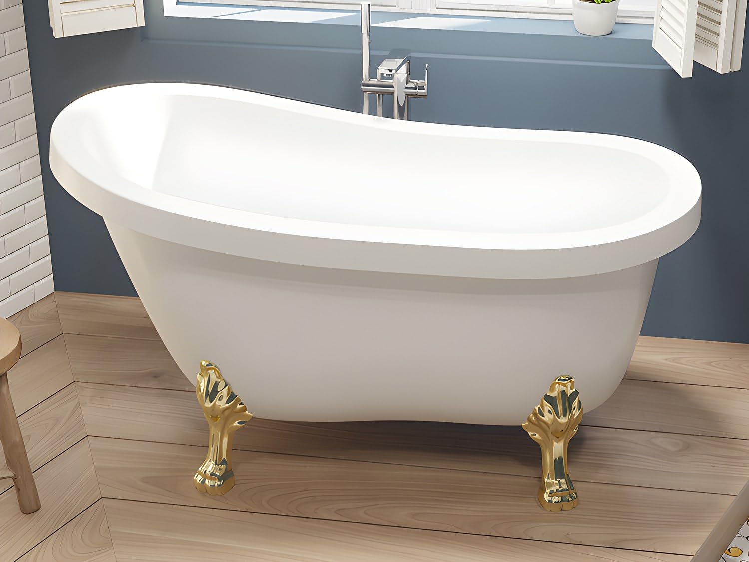 Vente-unique-Bañera retro exenta con patas de león doradas - 200 L - 145 x 74 x 77 cm - blanco - NISOS II