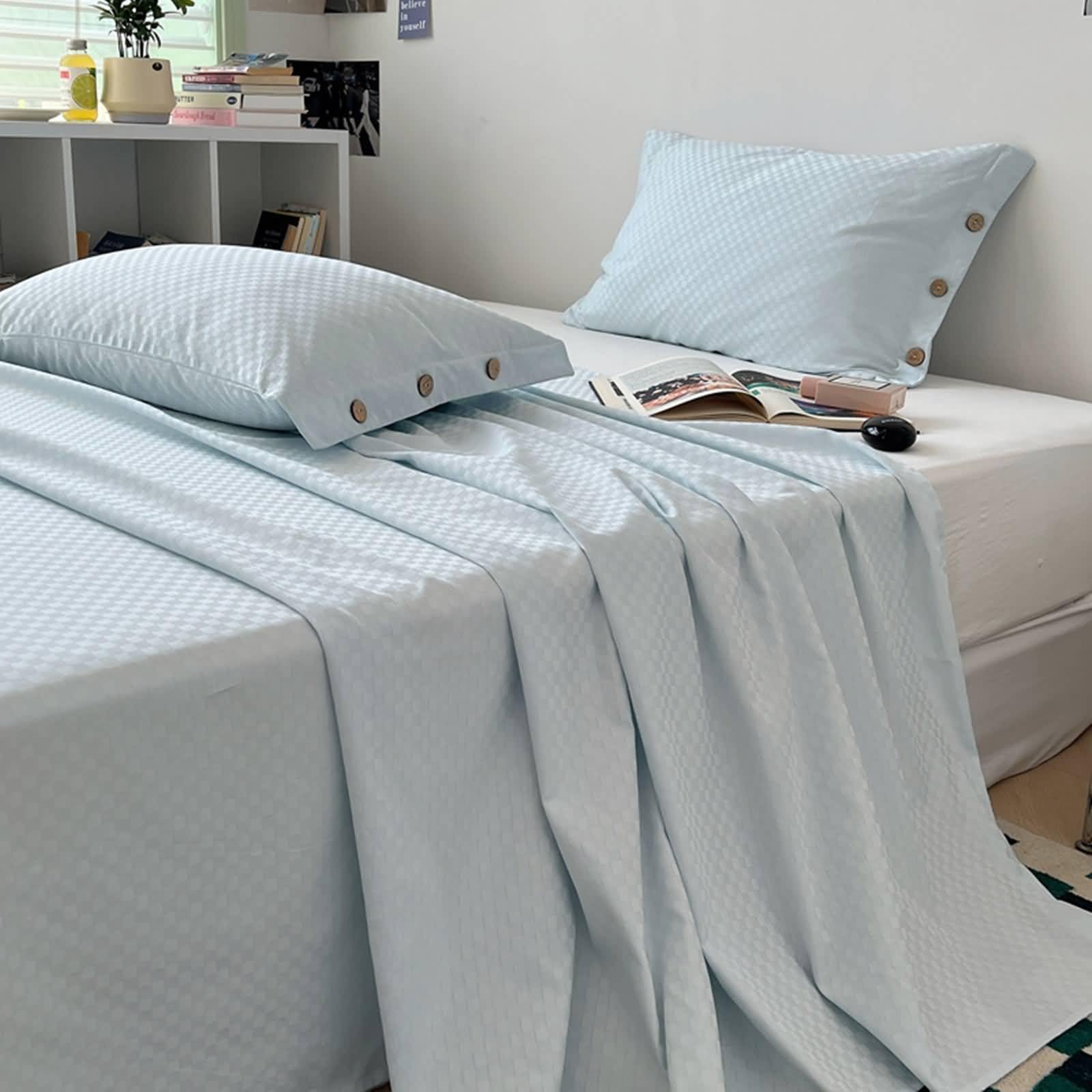 Pack de 3 Piezas Sabanas Verano Encimera Algodón Suave, Patrón de Cuadros, 200 x 230 CM + 2 Fundas de Almohada, Sabanas Verano Encimera Azul Claro