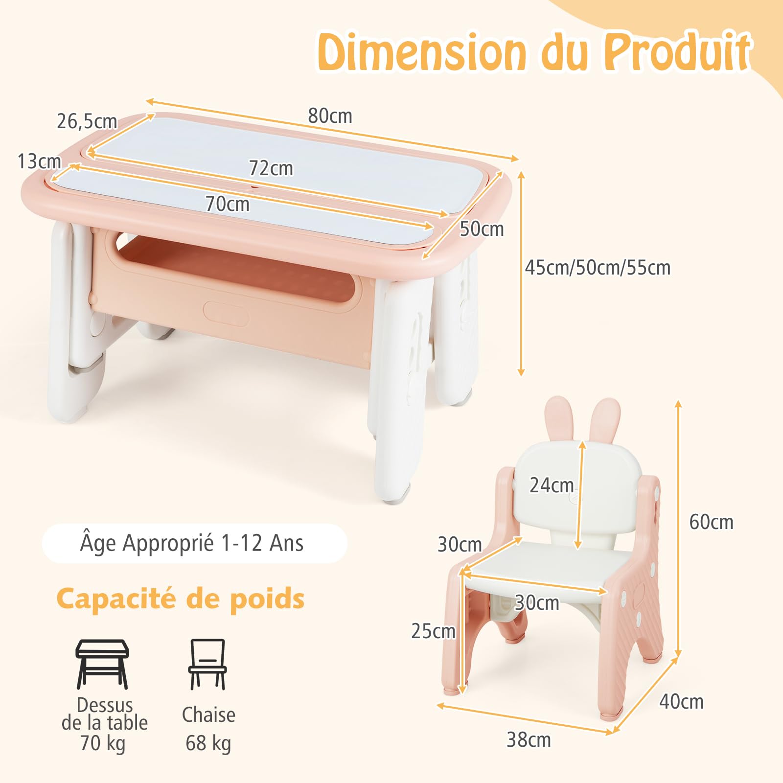 GOPLUS Table Enfant avec Chaise, Table de Dessin avec 2 Plateaux Réversibles, Tableaux Magnétiques, Panier de Rangement, Bureau d'Activités pour Lire, Dessiner, Manger (Rose)