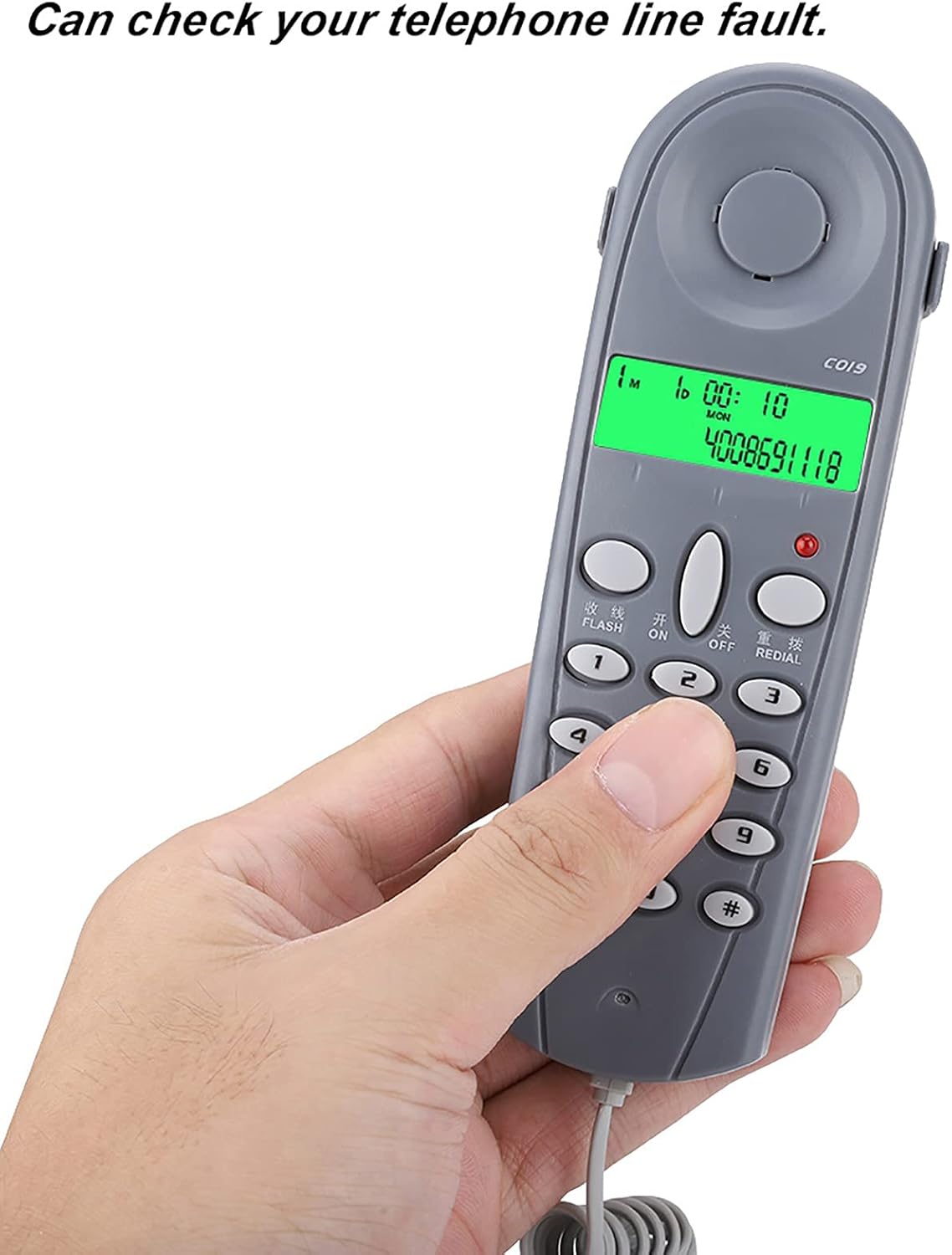 Two views of the Ciciglow C019 Telephone Line Tester, illustrating the display for FSK/DTMF caller ID and the keypad for redial functions.