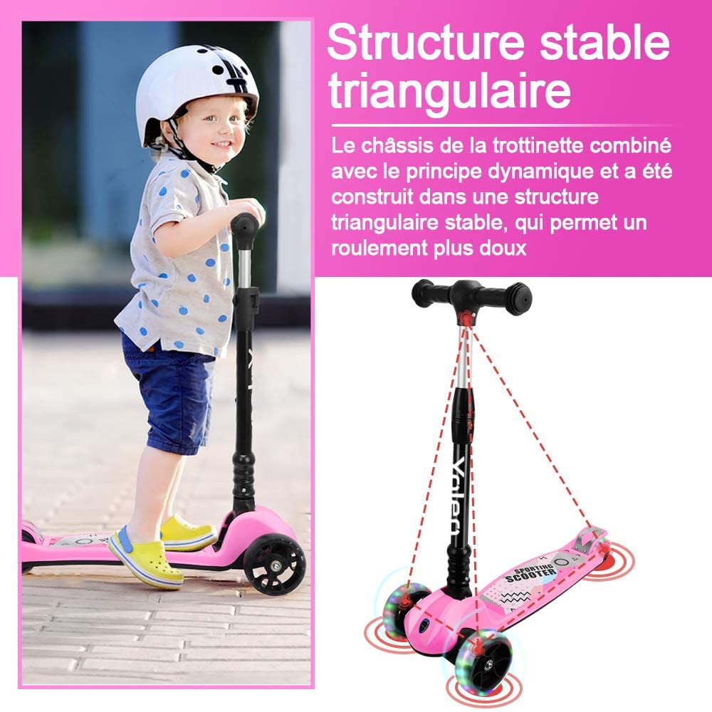 YOLEO Trottinette Enfants Pliable, Trottinette 3 Roues avec LED Roues Plateau Antidérapant, Trotinette réglable en Hauteur