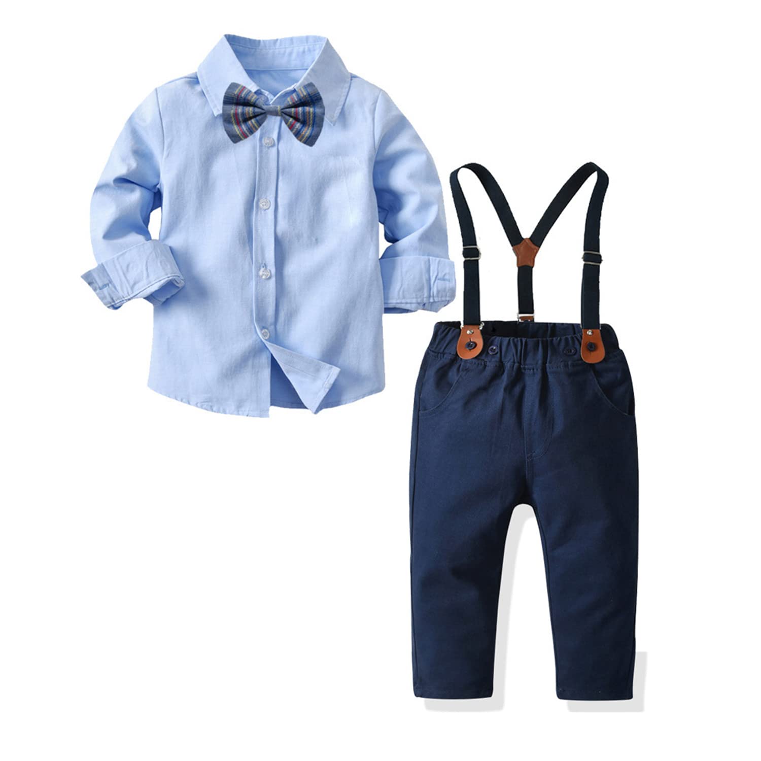 Volunboy Bebé Niño Caballero Conjunto, Cuadros Camisa con Pajarita + Tirantes Pantalones 4 Piezas Traje Ropa
