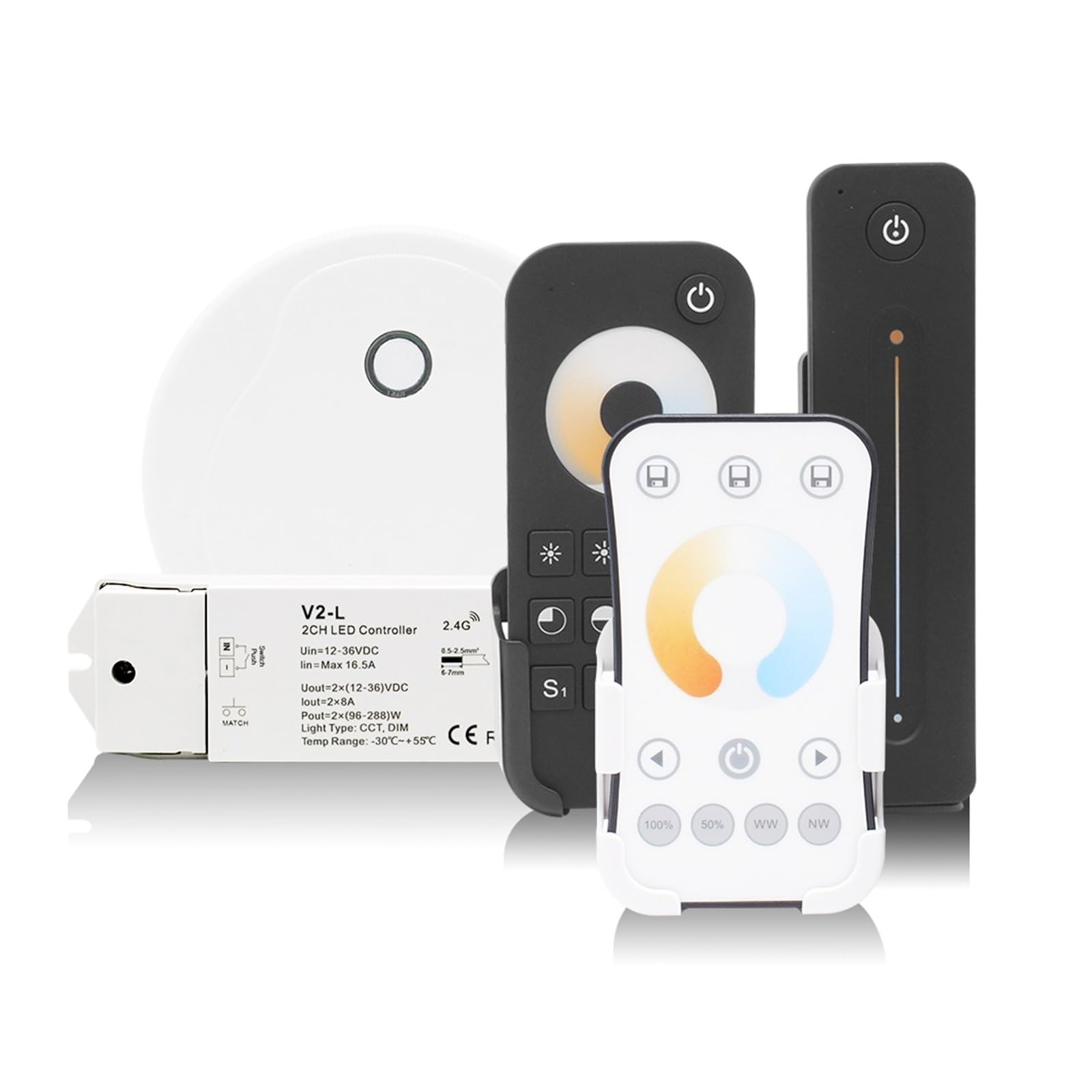 Kontroler 12V 24V 36V 2CH 16A 2,4G bezprzewodowy pilot zdalnego sterowania RF przełącznik ściemniacza LED do białych podwójnych pasków świetlnych CCT(V2-L i R7-1 zestaw)