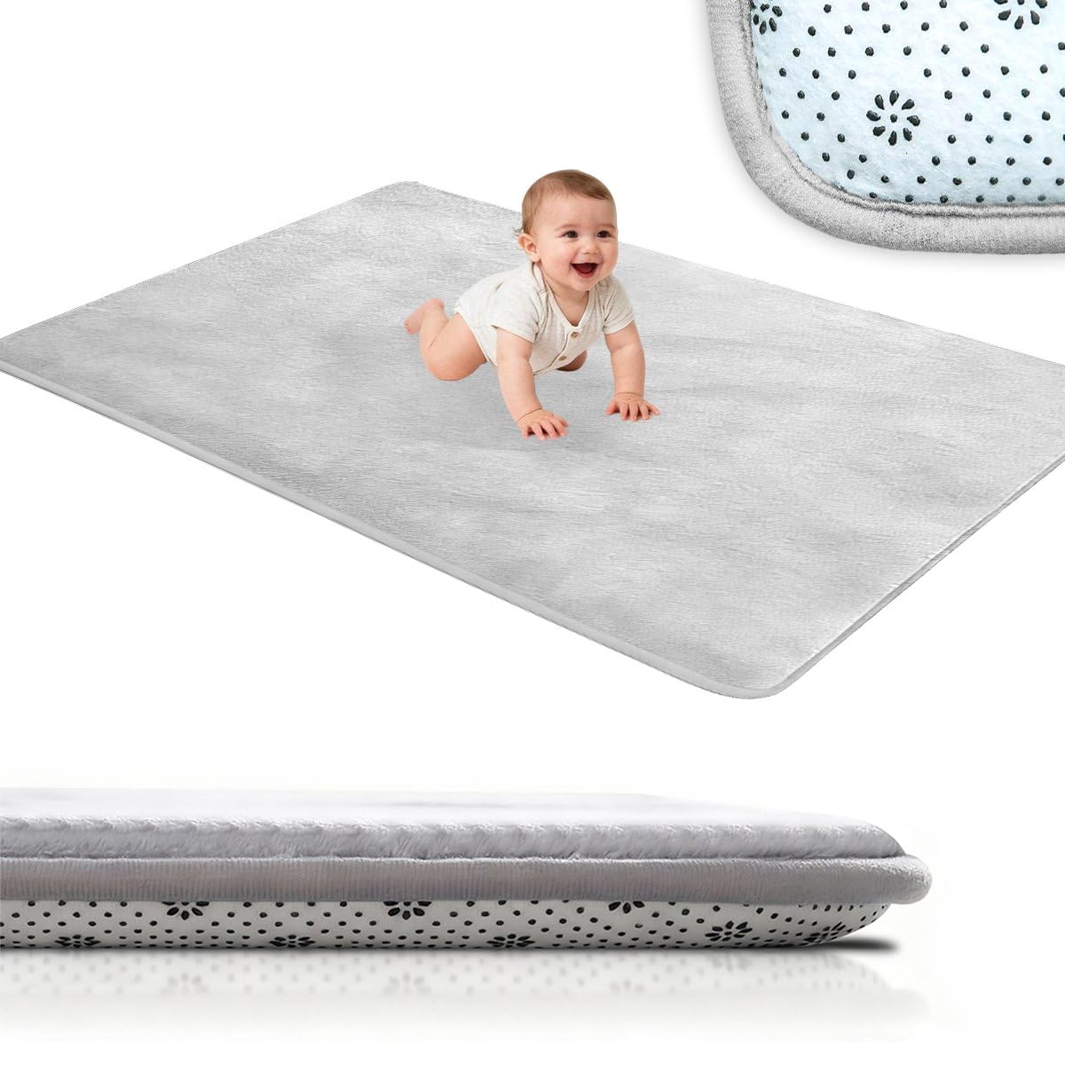 Voxirum Large Baby Play Mat, Coral Velvet Kids Rug, Extra Soft Activity Floor Mat, 1.18" Carpet Crawling Mats for Crawling, Soft Play and Tummy Time - Easy Care Rug Light Grey, 70 x 200 cm
