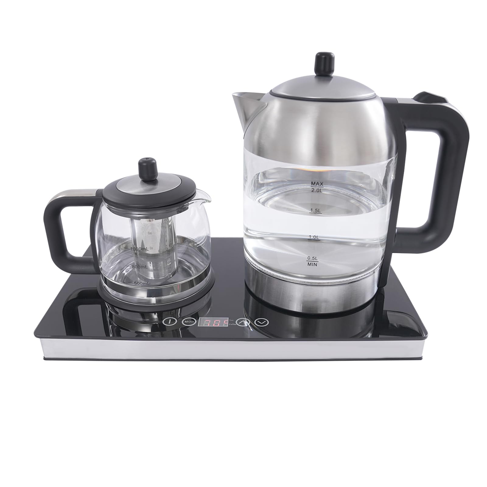 Hervidor eléctrico de 1500 W, multifunción, tetera con pantalla táctil | 2L (hervidor de agua) 1 L (tetera), taza de tetera a presión con función de apagado automático, protección contra