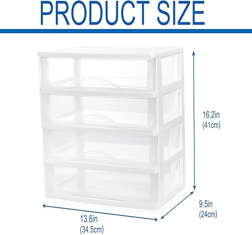 Miniatura 3 de BYCY Almacenamiento apilable de plástico con 4 cajones, organizador de maquillaje de baño blanco con cajones anchos transparentes, organizador de