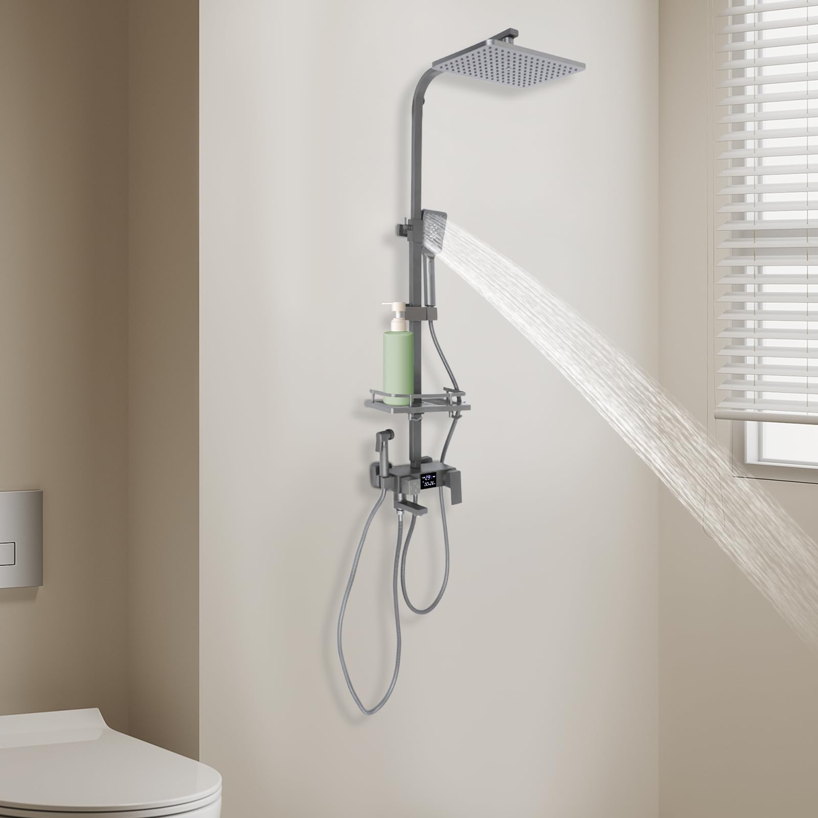 Kompletny zestaw z ekranem LED, zestaw prysznicowy z deszczownicą, czarna, energooszczędna głowica prysznicowa, ceramiczna wkładka zaworowa, system prysznicowy, drążek prysznicowy z regulacją