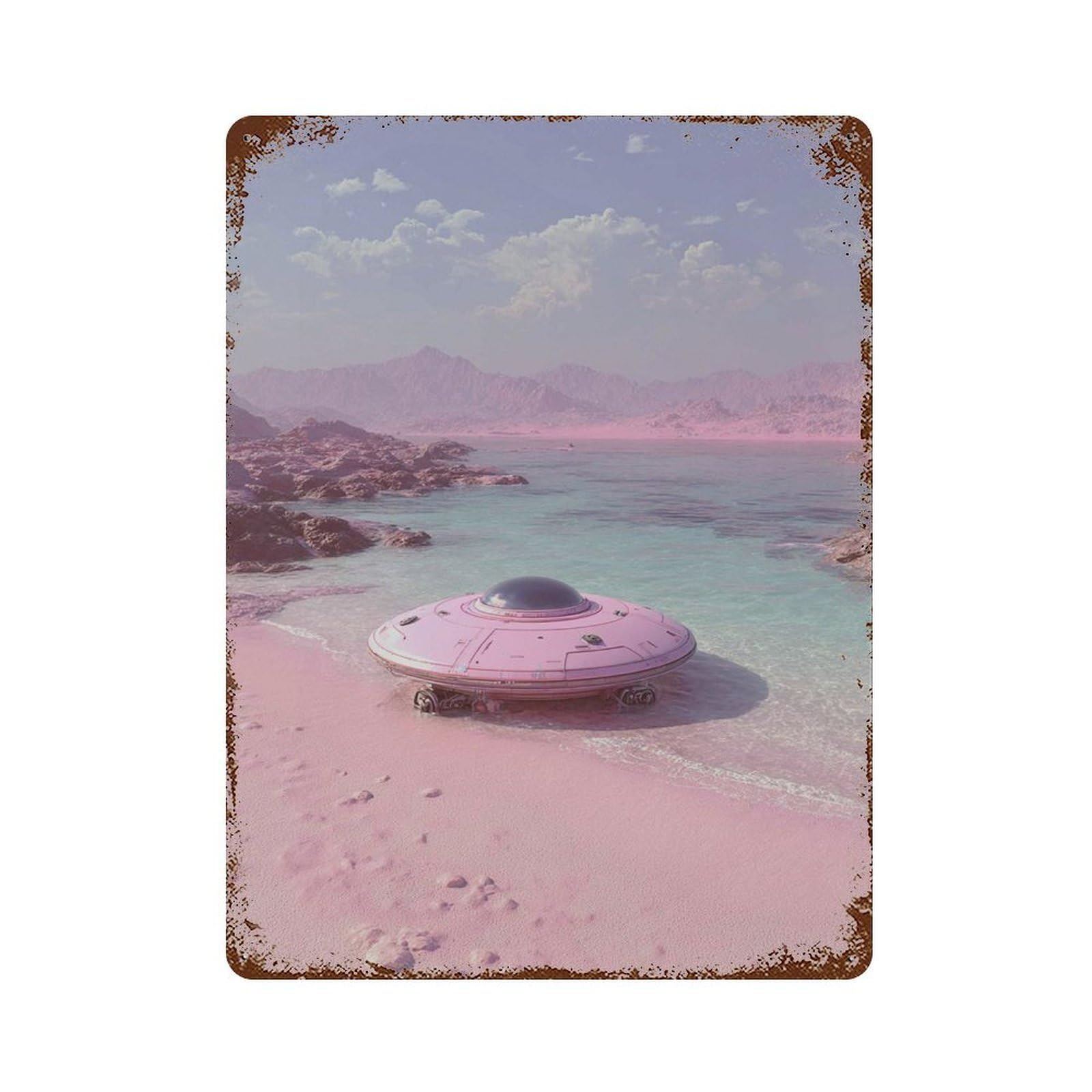 xiaoxiaoshen Pink UFO Beach Surreal Sci Wall Decor Art Metal Tin Poster Modern Home Decor Art Home Bar Shop Decorations Vintage Sign 40x30cm