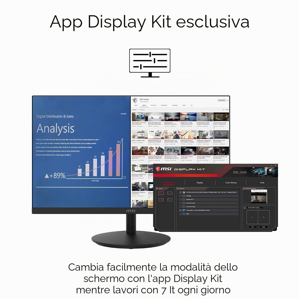 MSI PRO MP242 Monitor Professionale Flat 24", Display 16:9 Full HD (1920x1080), Frequenza 60Hz, Tempo di risposta 5ms, Pannello IPS antiriflesso, collegamenti 1x HDMI e 1x VGA, VESA 100x100mm standard
