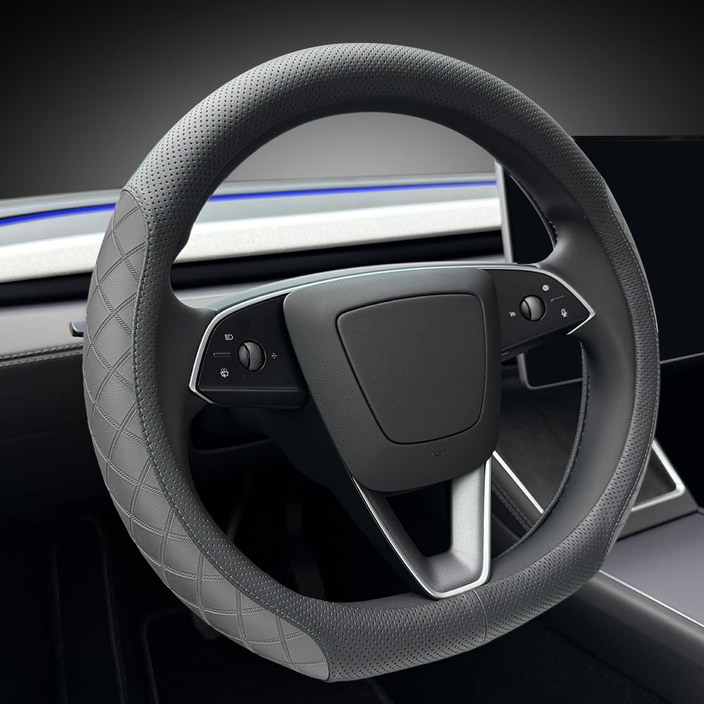 LKWLIKEI Leather Steering Wheel Cover. Elegant Diamond Checkered Design, Non-Slip and Breathable, for Tesla Model 3/Y Steering Wheel Protector,Black