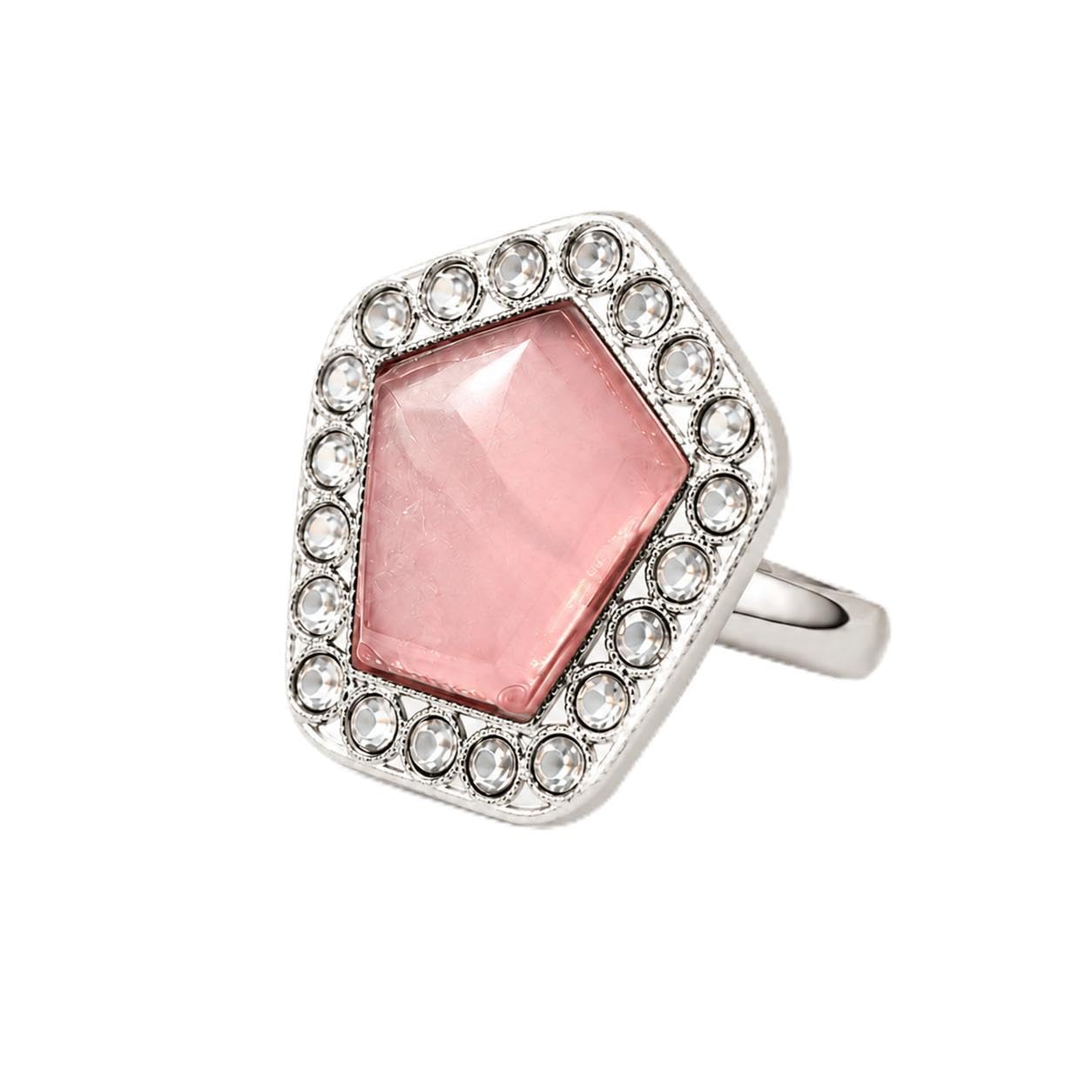 Pink Stone Cocktail Ring with Crystal Embellishments, Silver Tone-image-17