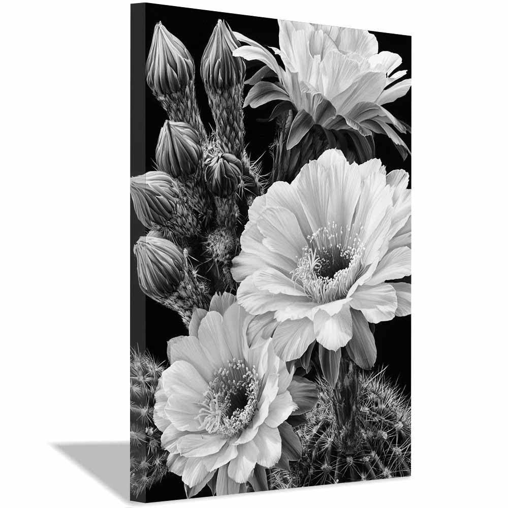 HOQIU Grey Wall Art Monochrome Cactus Bloomss prints for walls, canvas wall art, for Living Room Bedroom Bathroom Home Office Wall Decoration(Multicolor)-30x40cm Framed