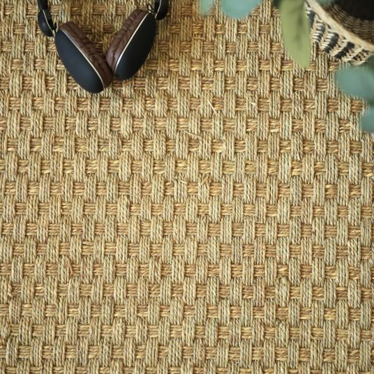 Decoweb Tapis jonc de mer - Paro Fin natté 4x4 - Ganse Coton Anthracite - 140 x 200 cm