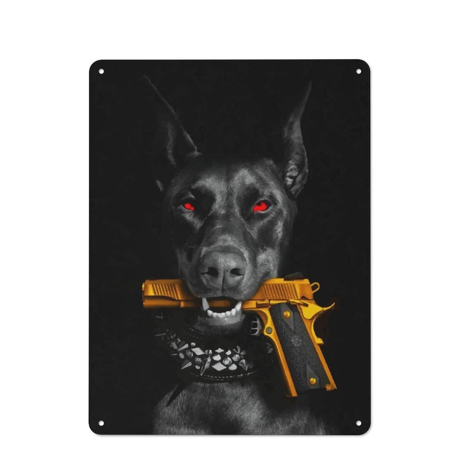 Vintage Metal Sign 40x30cm Featuring Doberman with Gun, Home Bar Decor for Cafe, Pub, Workshop Or Home Bar