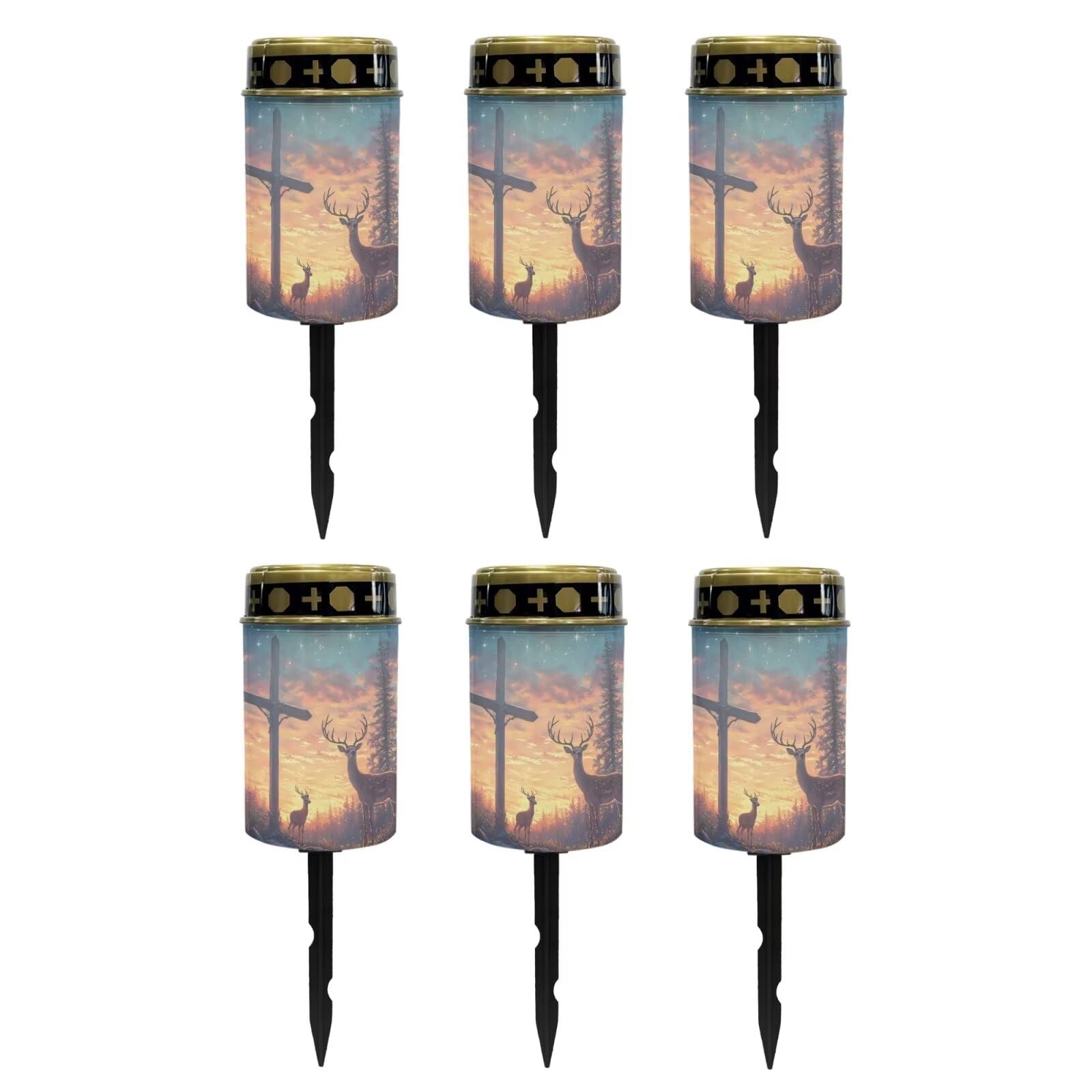 Poceacles 6 PCS Cross Solar Lights Cemetery Solar Lights for Grave Solar Candle Solar Lantern Light Walkway Lights Waterproof Landscape Lighting for Loss of Loved One, Deer Cross Galaxy Star