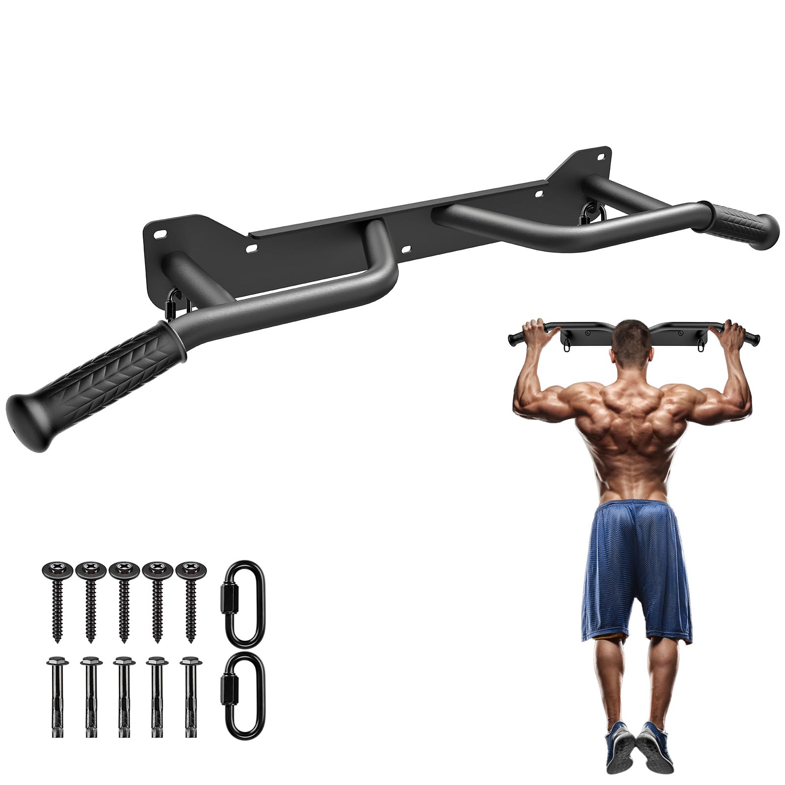 Kipika Pull Up Bar for Doorway Wall Mounted Multi-Grip Strength Bar with Resistance Band Hooks | Heavy-Duty Multifunctional Chin Up Bar for Home Gym Workout | 39-Inch Wide 600 Lbs Capacity