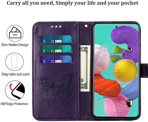Miniatura 8 de Funda A51 para Samsung A51, función atril, correa de muñeca, ranuras para tarjetero, diseño floral de mariposa en relieve, funda protectora de piel