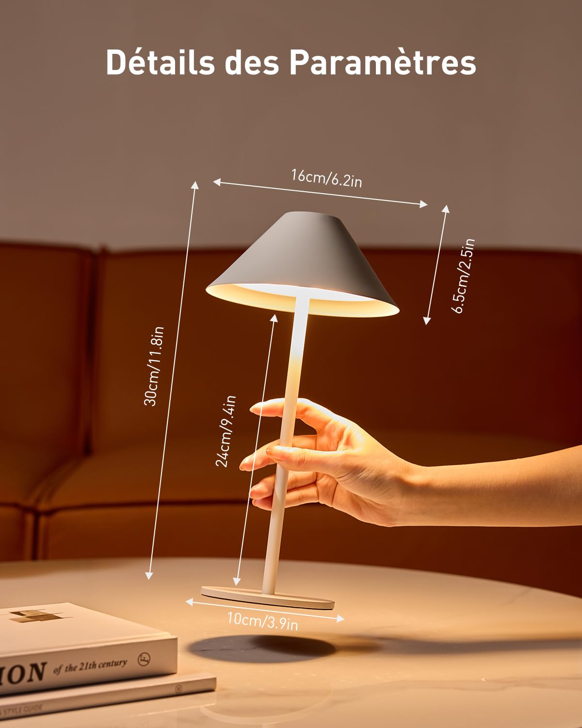 Bojim Lampe de Table LED Exterieure Tactile Sans Fil Rechargeable USB Autonomie 10j, Lampes Chevet Battery Interieur Petite Lamp Touch Lumiere Wireless Salon Lamps IP54 Waterproof Jardin Blanc