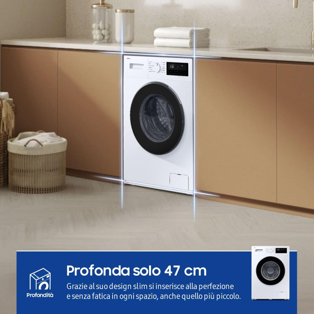 Samsung Lavatrice Front Slim WW80FG3M05AW/ET, 8 Kg, Display LED, Vapore Igienizzante, Carica Frontale, Corpo: Bianco, Oblò e Display: Nero, 59,5l x 85h x 48p cm