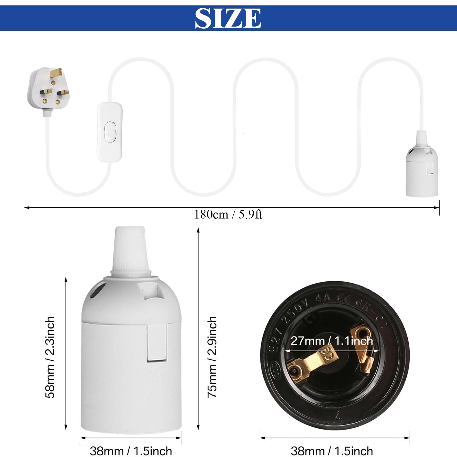 E27 Plug in Pendant Light, 1.8m(5.9ft) Lamp Cable Plug in Ceiling Light, 2 Core Cable Plug with On/Off Switch with 5A Fuse - Image 2