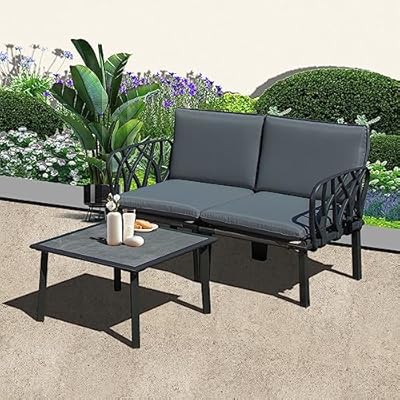 Domi 2 PCS Patio Conversation Sets with Removable Gray Cushions, All-Weather Modern Plastic Metal Dining Chairs Patio Furniture with Coffee Table for Balcony, Porch, Lawn and More