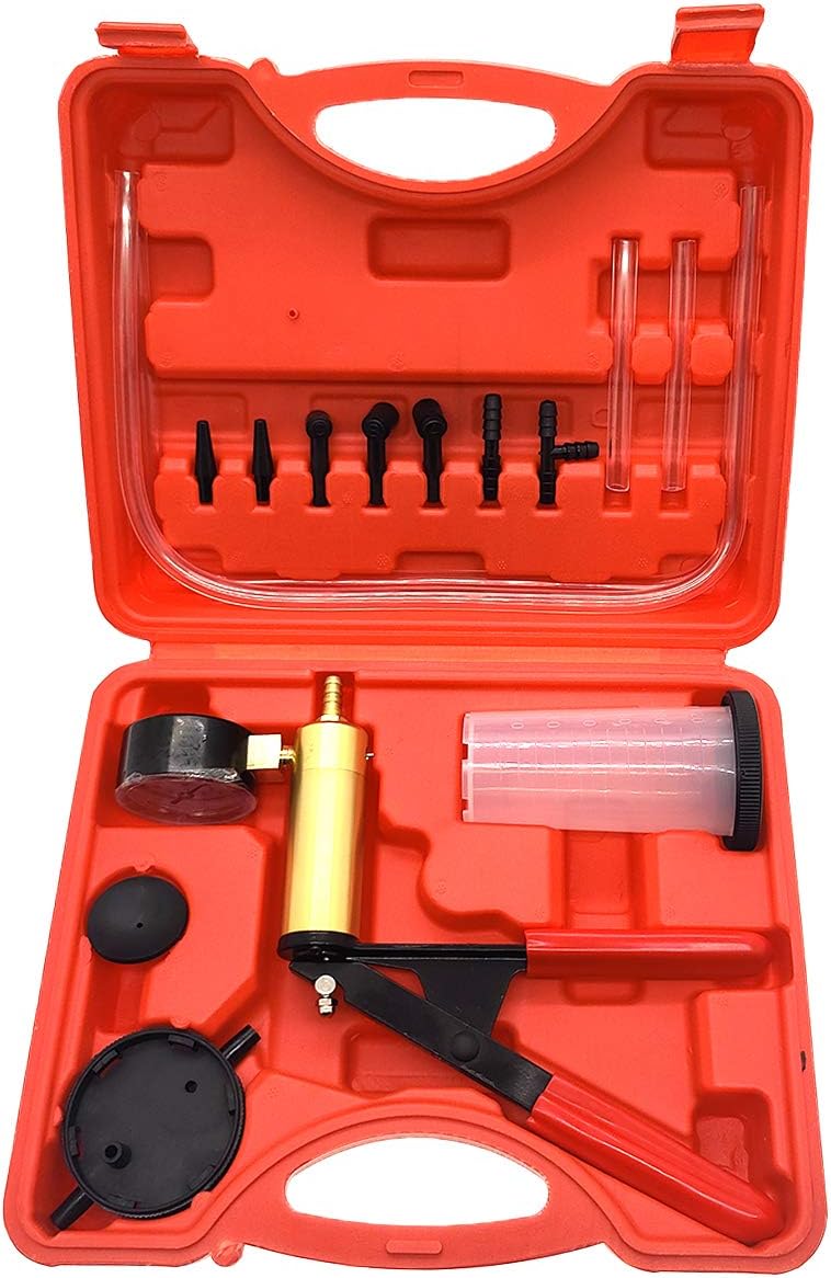 Brake bleedeer 2 in1 Hand held Vacuum Pump & Hand Pump Brake Bleeder One-Man Brake and Clutch Bleeding System with Gauge & Adapters for Automotive (16PCS)