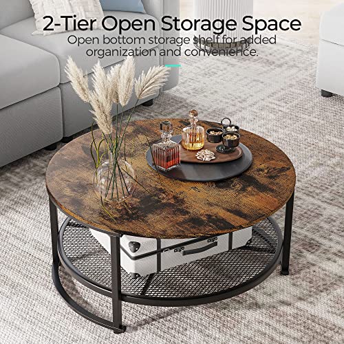 Linsy Home Round Coffee Table For Living Room, Industrial Coffee Table With Open Storage，Rustic Wood Surface Top & Sturdy Metal Legs Large Circle Coffee Table， Brown And Black #TOP3